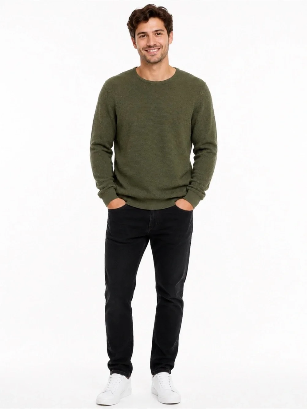 Zara Man Olive Green Textured Knit Crewneck Sweater Size Large